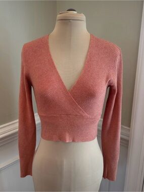 Cropped V-Neck Wrap Sweater in Coral